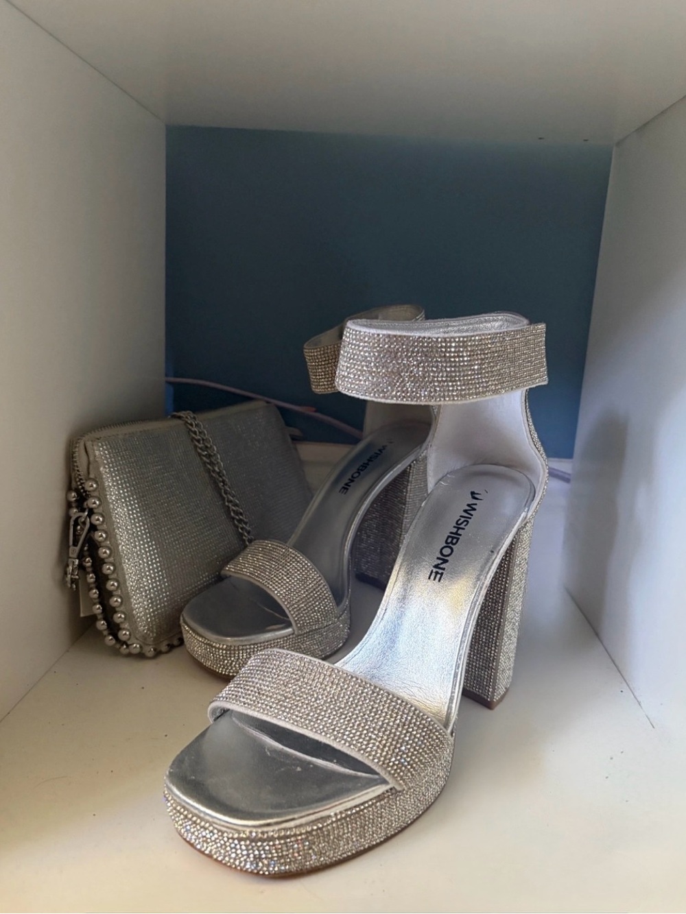 Wishbone Silver Rhinestone Platform Block Heels